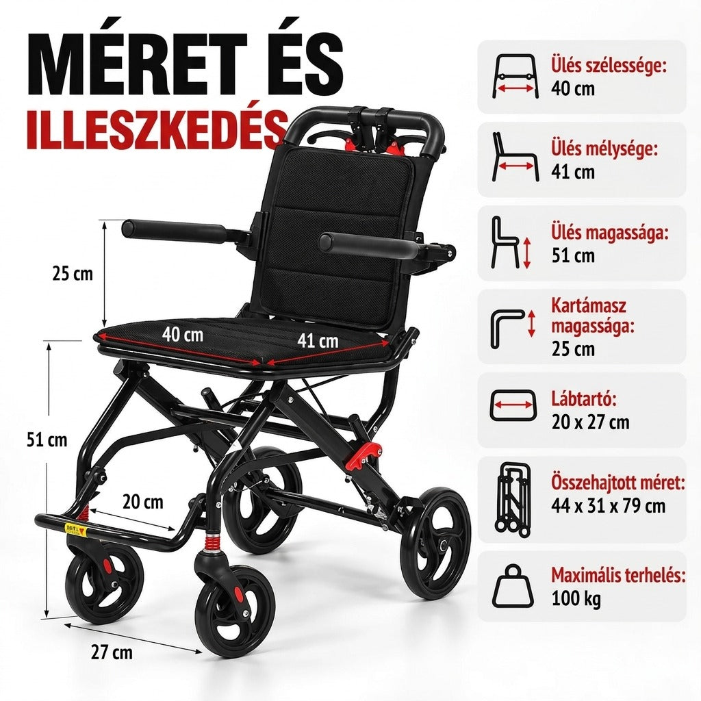 Összecsukható kerekesszék méretei és műszaki adatai.