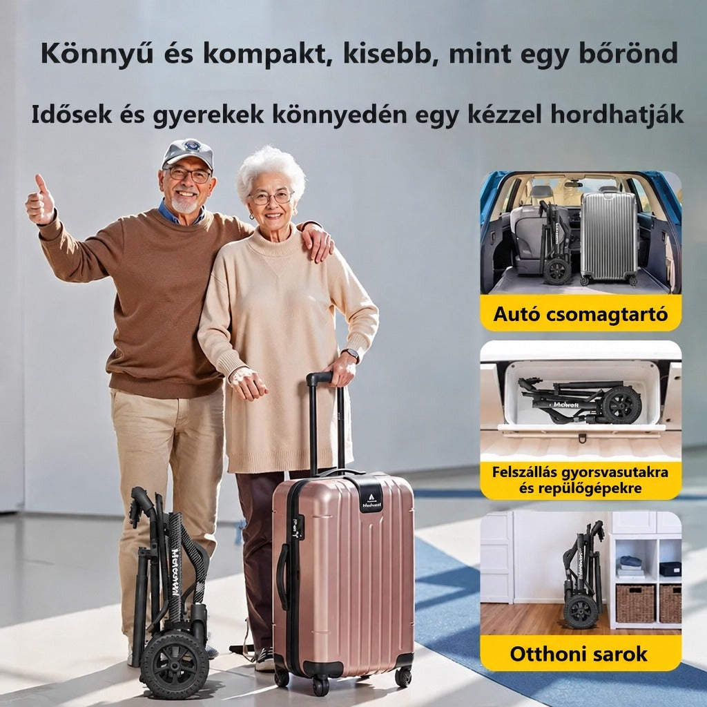Idős pár bőrönddel és kompakt módon összecsukott kerekesszékkel utazáshoz és tároláshoz.