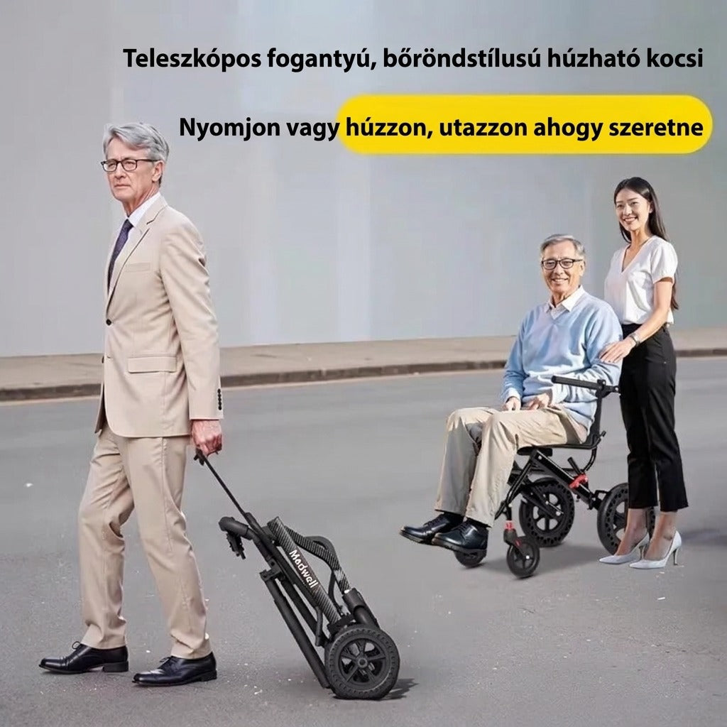 Összecsukható kerekesszék húzható és tolható állapotban bemutatva az utcán.