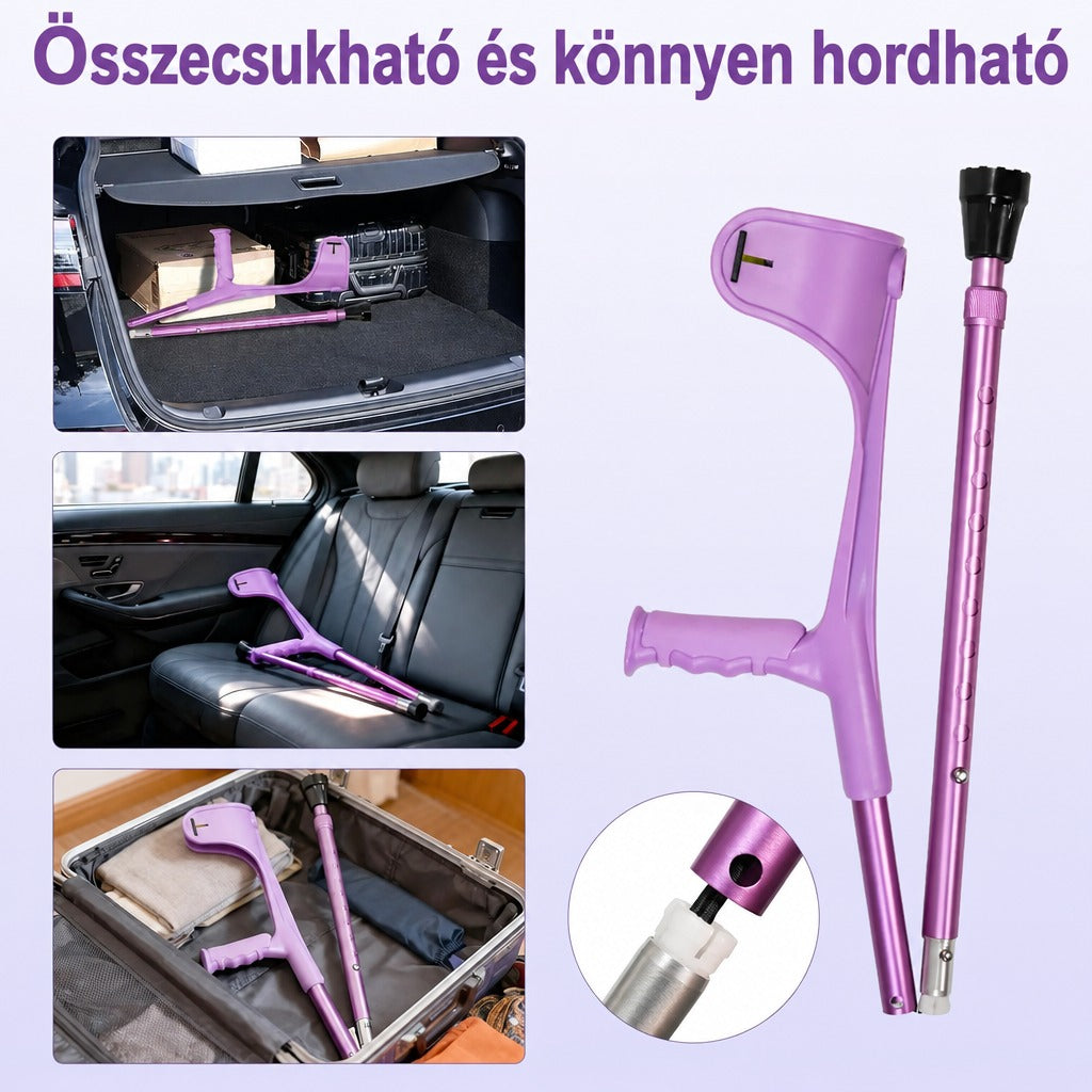 Összecsukható lila könyökmankó autóban és bőröndben tárolva.
