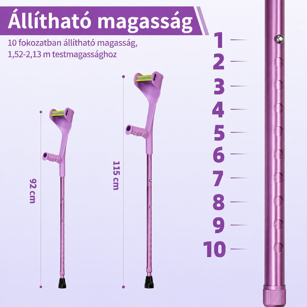 Állítható magasságú lila könyökmankó 92 és 115 cm közötti méretekkel és 10 fokozatú állítási lehetőséggel.