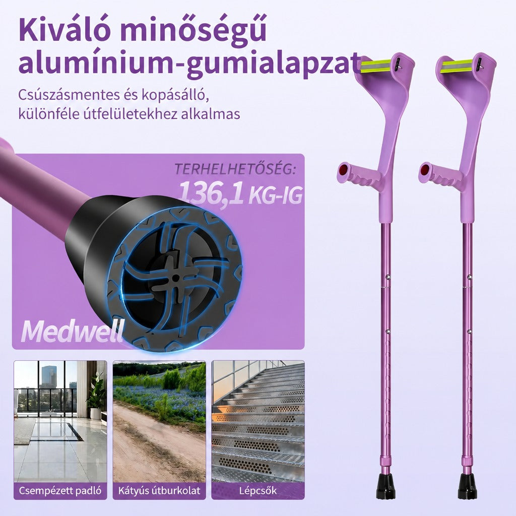 Lila színű könyökmankó csúszásmentes gumitalppal, különféle felületekhez bemutatva.
