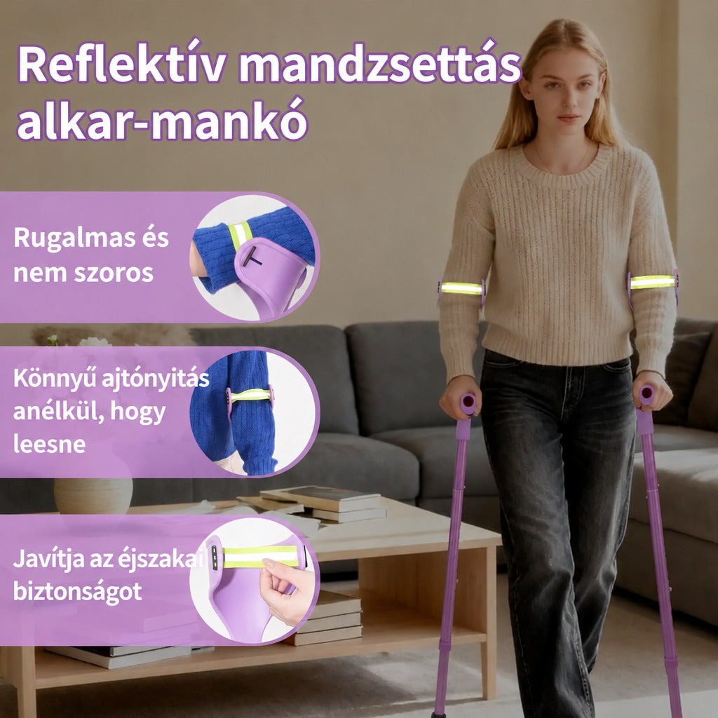 Fiatal nő lila színű, reflektív mandzsettás alkar-mankóval jár a szobában.