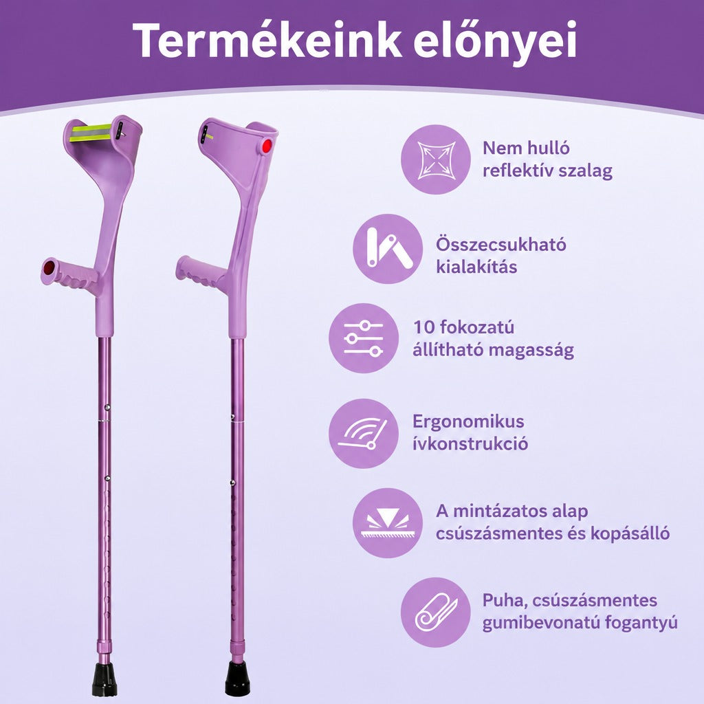 Lila könyökmankó bemutatása funkciókkal, állítható magassággal és csúszásmentes talppal.