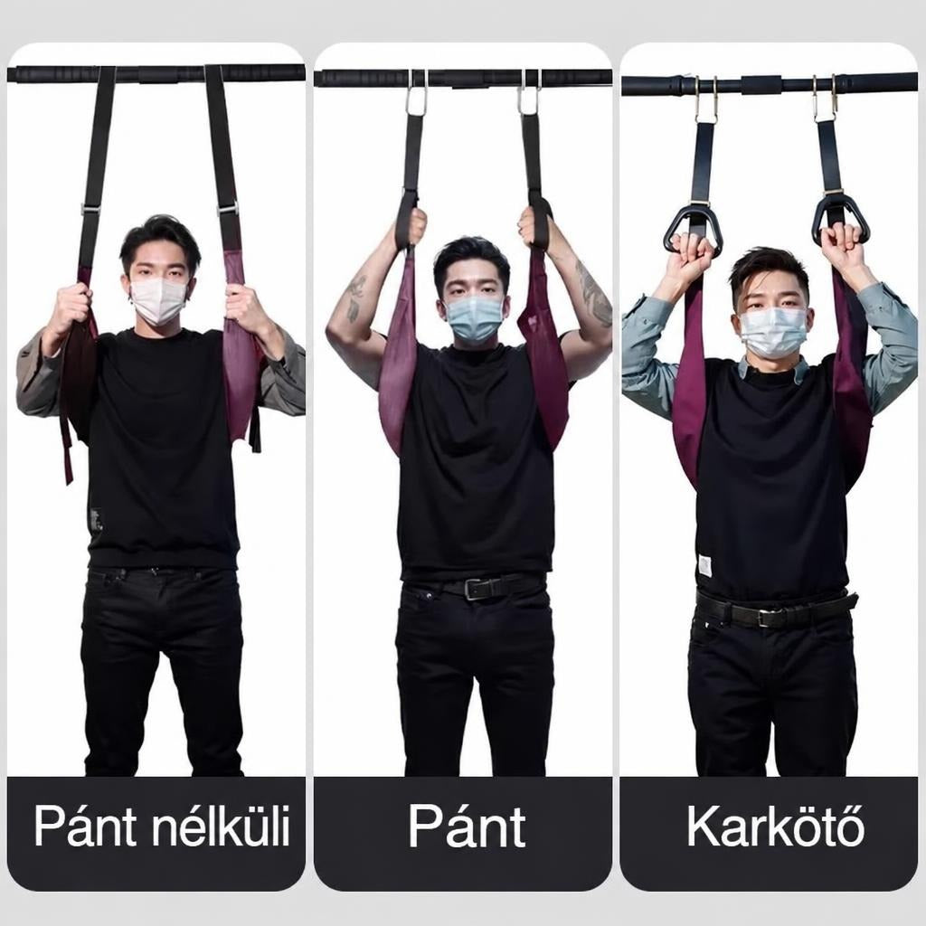 Három különböző felfüggesztési és használati mód bemutatása húzódzkodó rúdon.