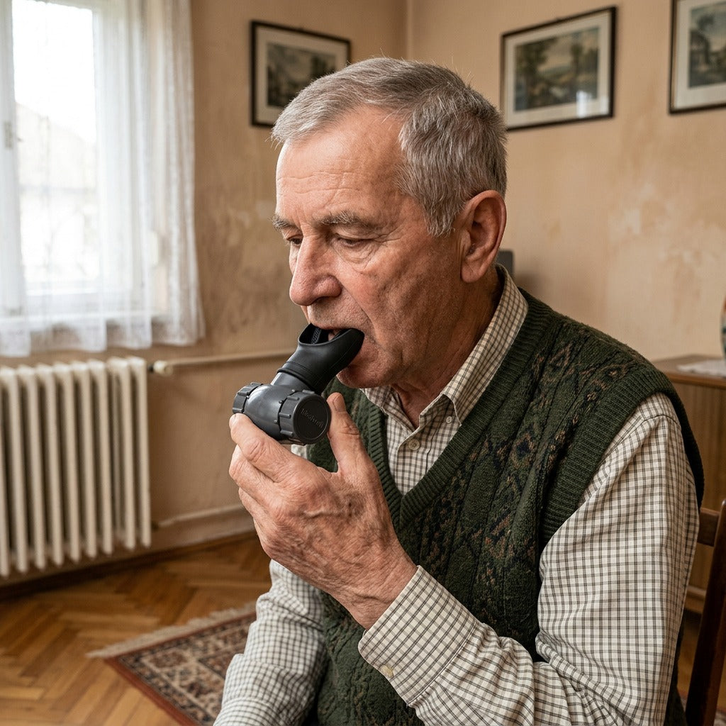 Tüdőkapacitást fejlesztő légzőgyakorló szájrész - használat közben