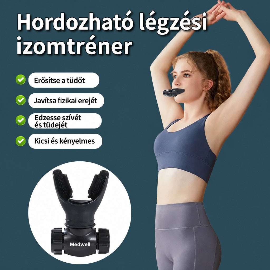 Hordozható légzési izomtréner nő modellel, erősítésbenefit