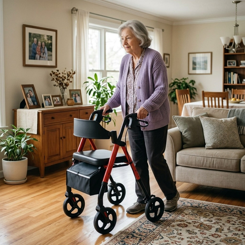 Medwell Foldable Rollator Walker with Seat and 8-Inch Wheels - at home