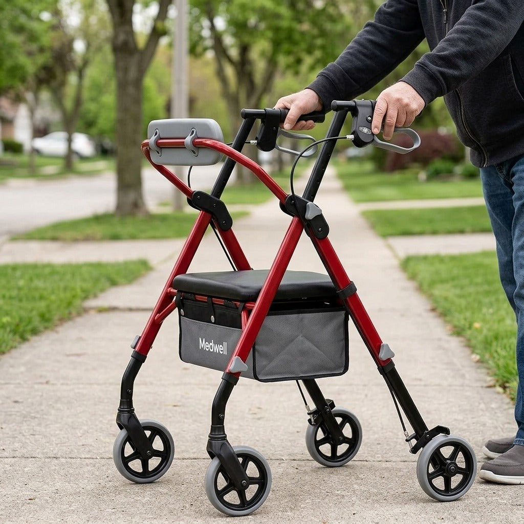 Medwell Rollator Walker with Seat and Backrest, 350 lbs Capacity - in use