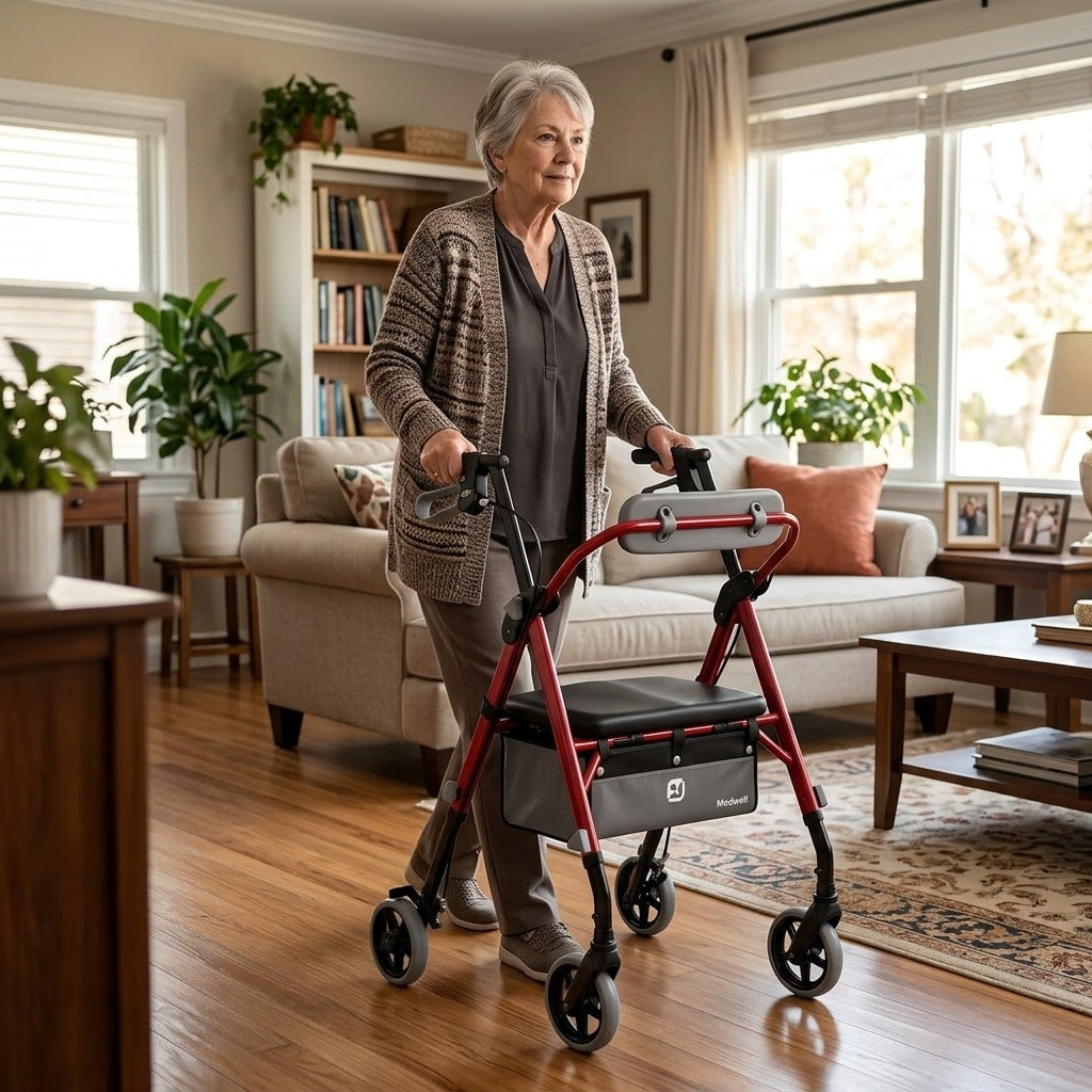 Medwell Rollator Walker with Seat and Backrest, 350 lbs Capacity - at home