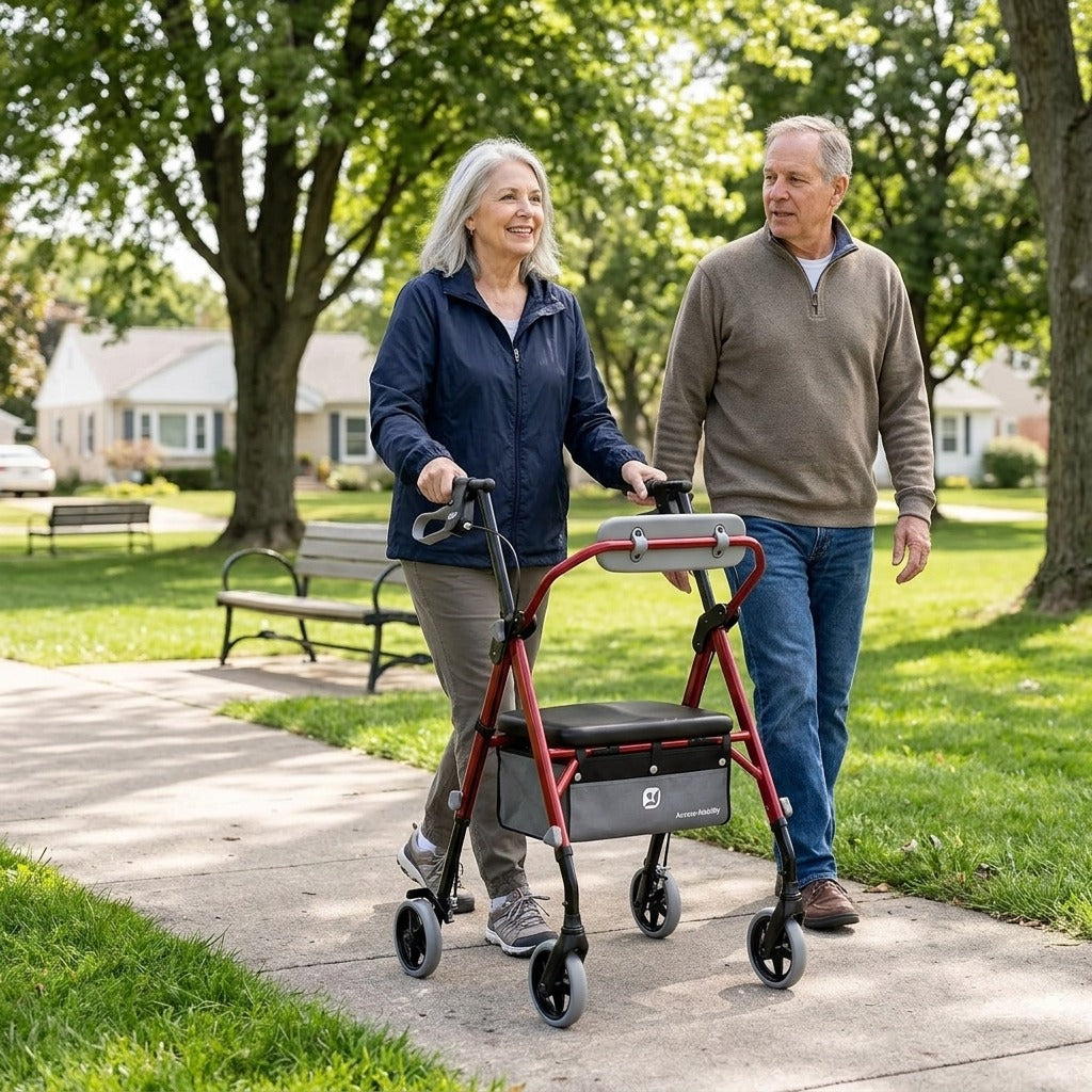 Medwell Rollator Walker with Seat and Backrest, 350 lbs Capacity - in everyday life