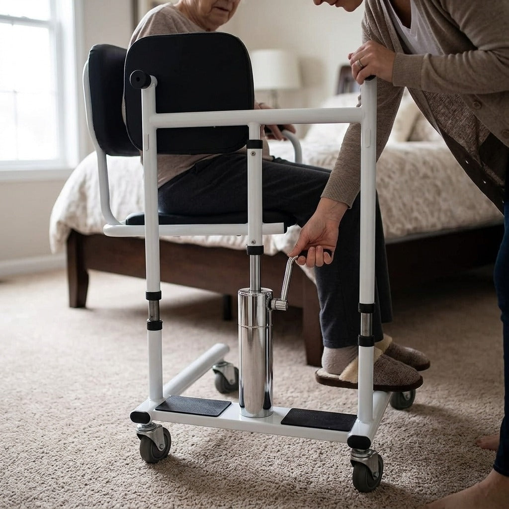 Manual Hydraulic Transfer Chair with Toilet - in use