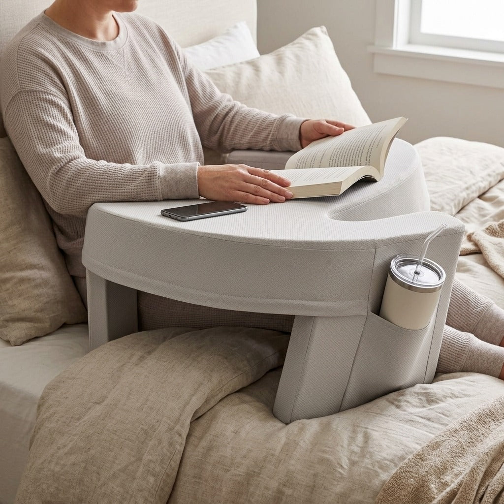 Medwell Curved Reading Pillow with Cup Holder, Cooling Washable Cover - in use