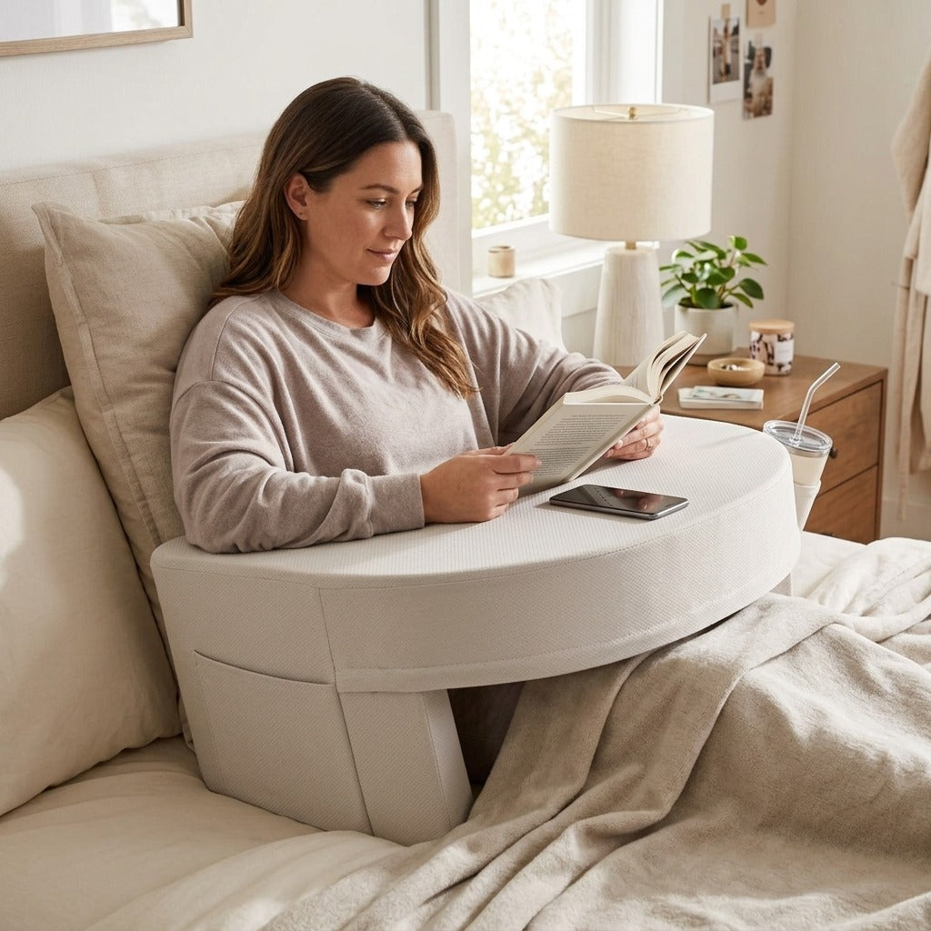 Medwell Curved Reading Pillow with Cup Holder, Cooling Washable Cover - at home