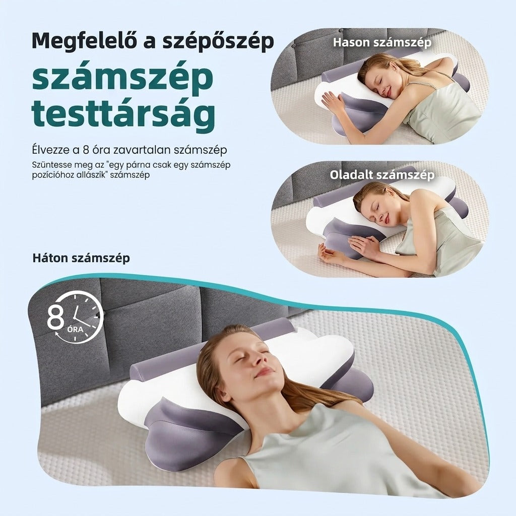 Ergonomikus párna különböző alvási testtartásokhoz bemutatva háton, hason és oldalt fekvő nővel.