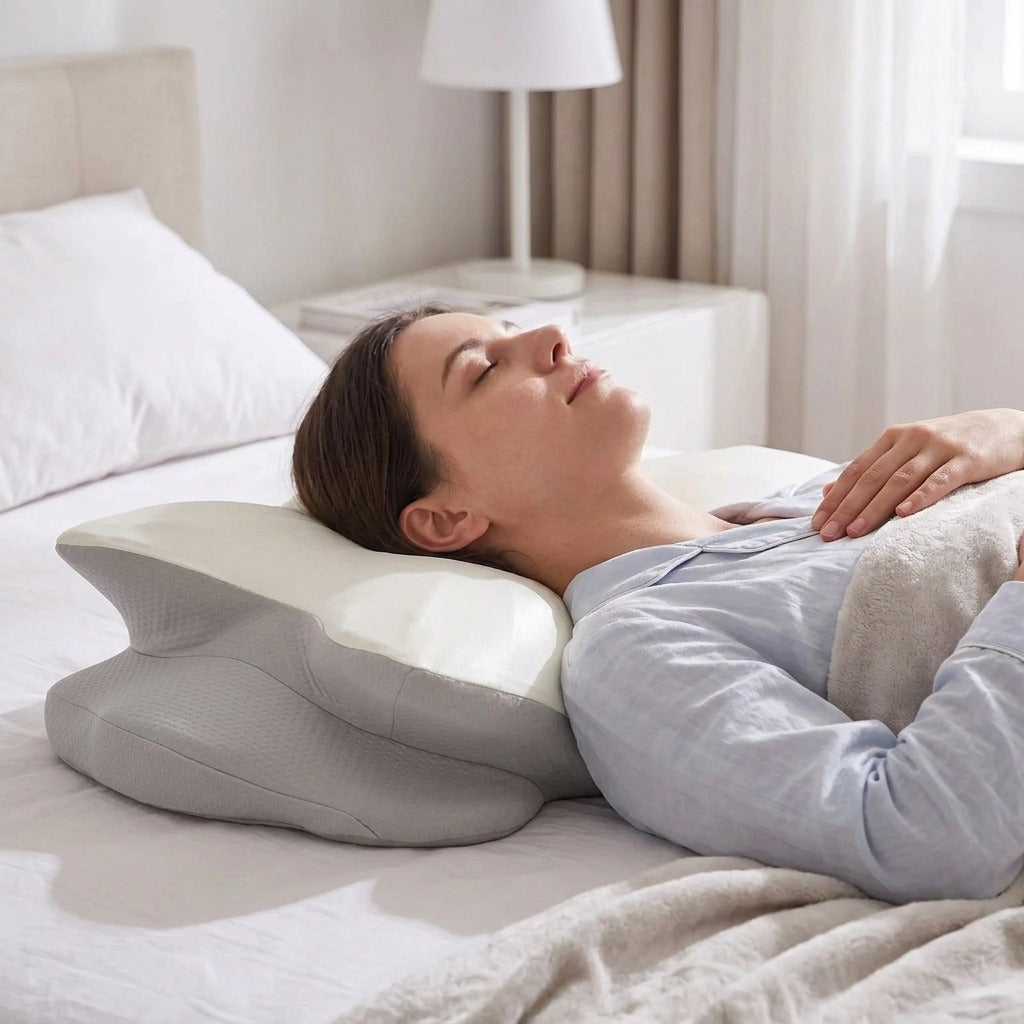 Memory Foam Cervical Pillow with Cooling Cover - in use
