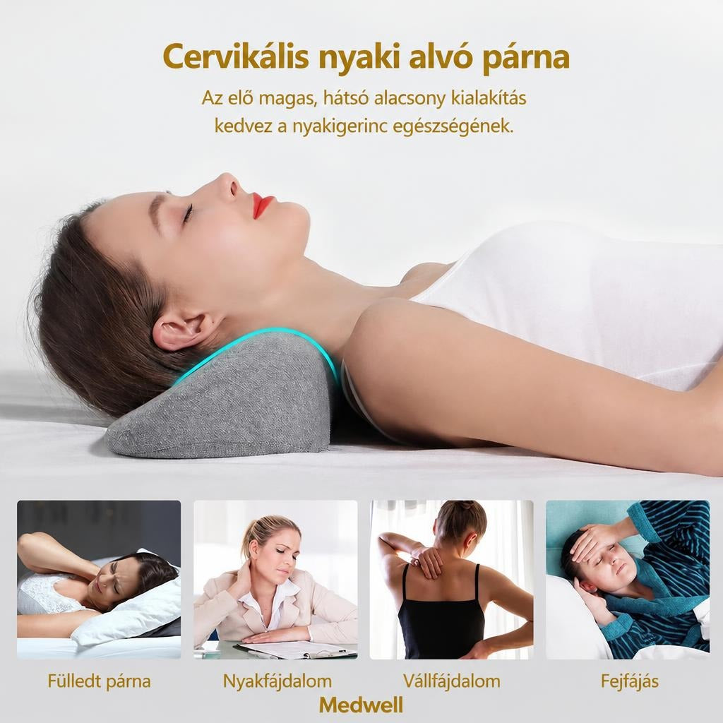 Nő cervikális nyaki alvó párnán fekve, alatta panaszokat szemléltető képekkel.