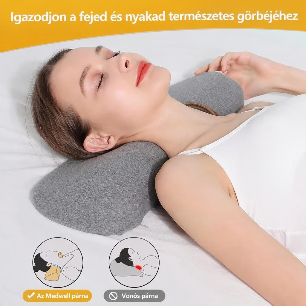 Nyakpárnán fekvő nő, alul a Medwell párna és a vonós párna összehasonlító rajzaival.