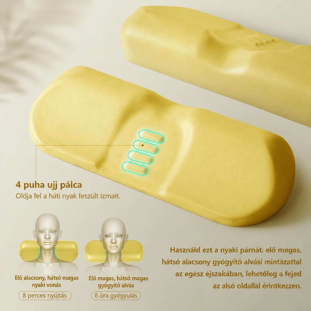 Sárga ergonomikus nyakpárna akupresszúrás pontokkal és használati bemutatóval nyújtáshoz és alváshoz.