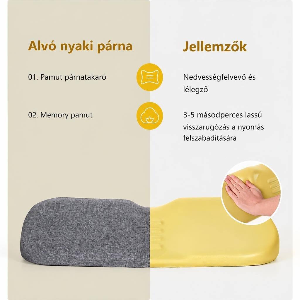 Alvó nyaki párna bemutatása pamut huzattal és memóriahabos belsővel.