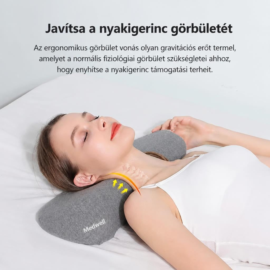 Nyakpárnán fekvő nő, bemutatva a nyakcsigolyák ergonómikus alátámasztását.