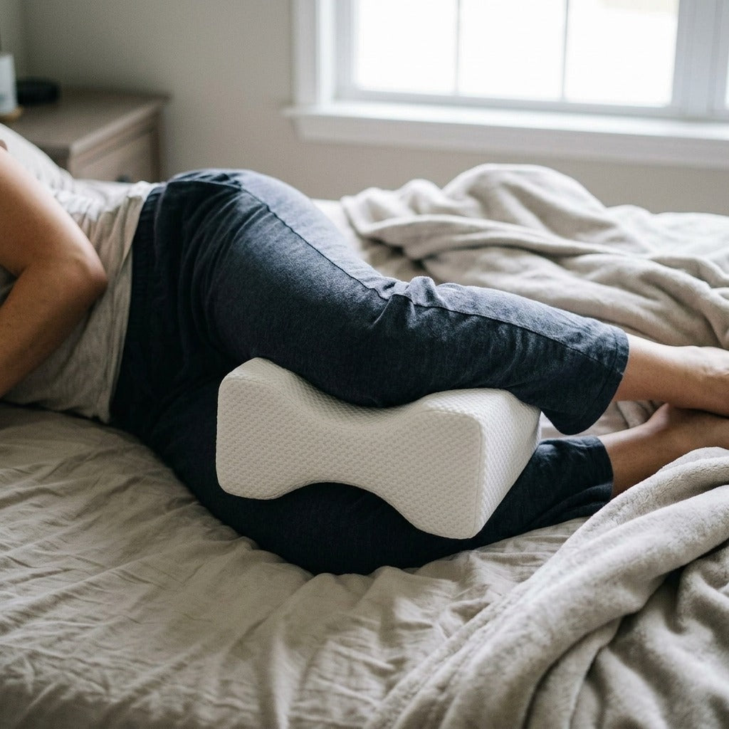 Memory Foam Knee Pillow for Side Sleepers - in use