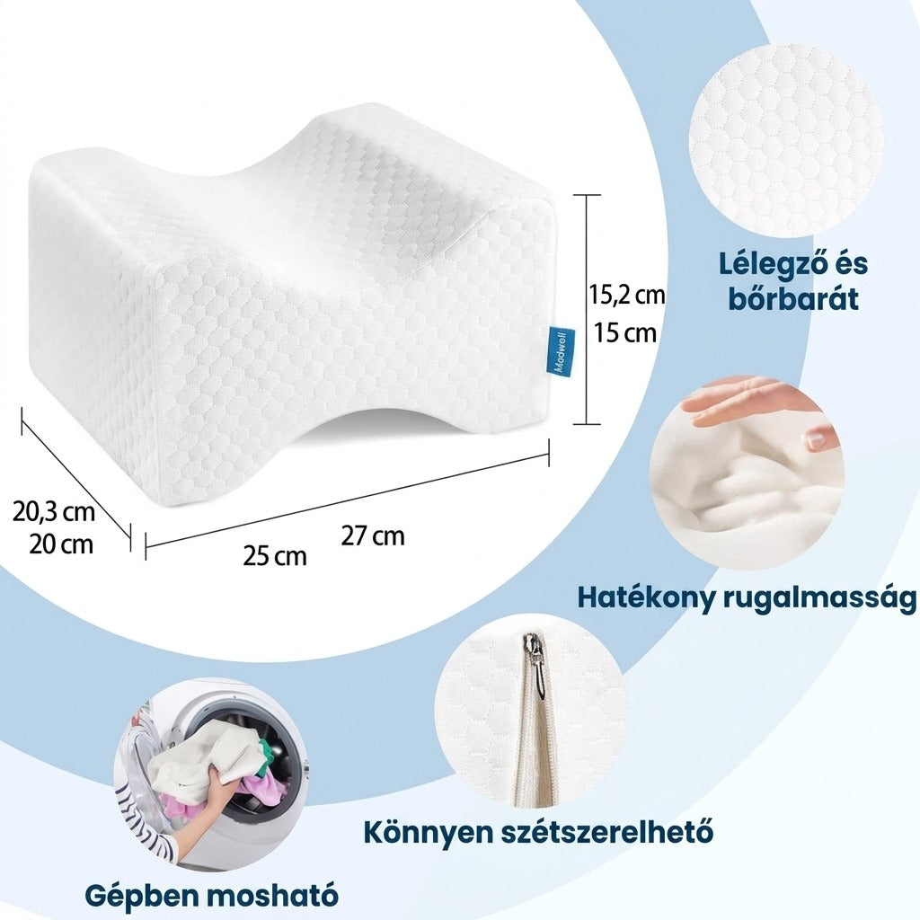 Ergonomikus memóriahabos térdpárna méretekkel és jellemzőkkel.