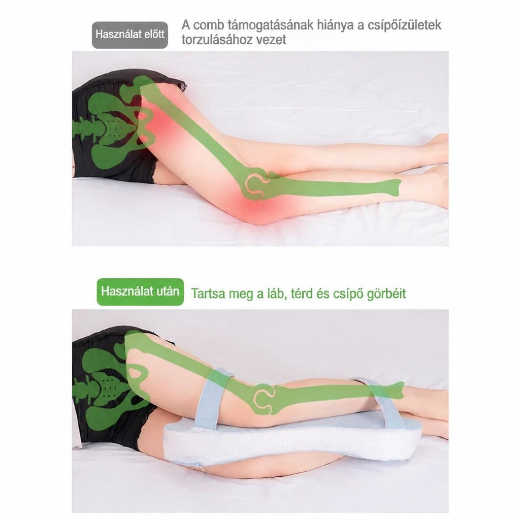 A lábtámasztó párna használatának bemutatása a csípő, a térd és a láb helyes alátámasztásához.