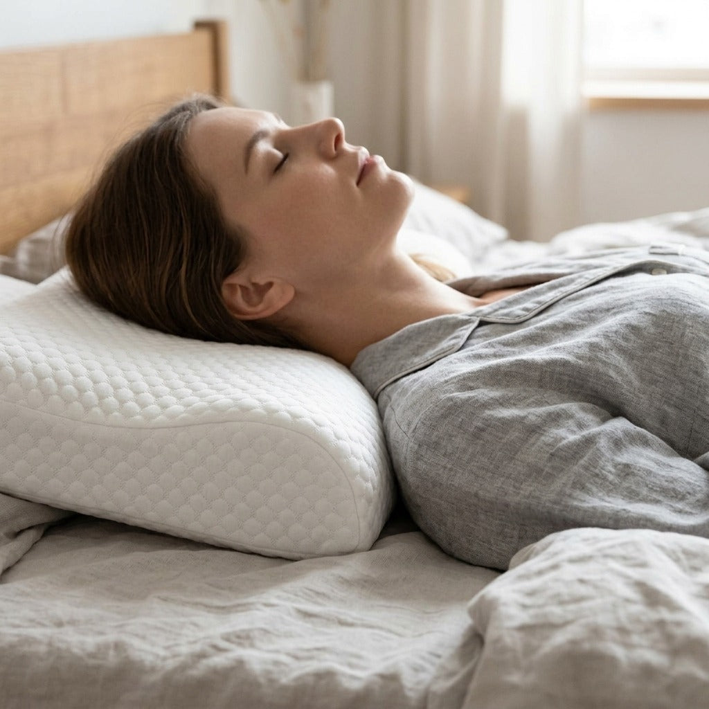 Memory Foam Neck Pillow with Cooling Washable Cover - in use