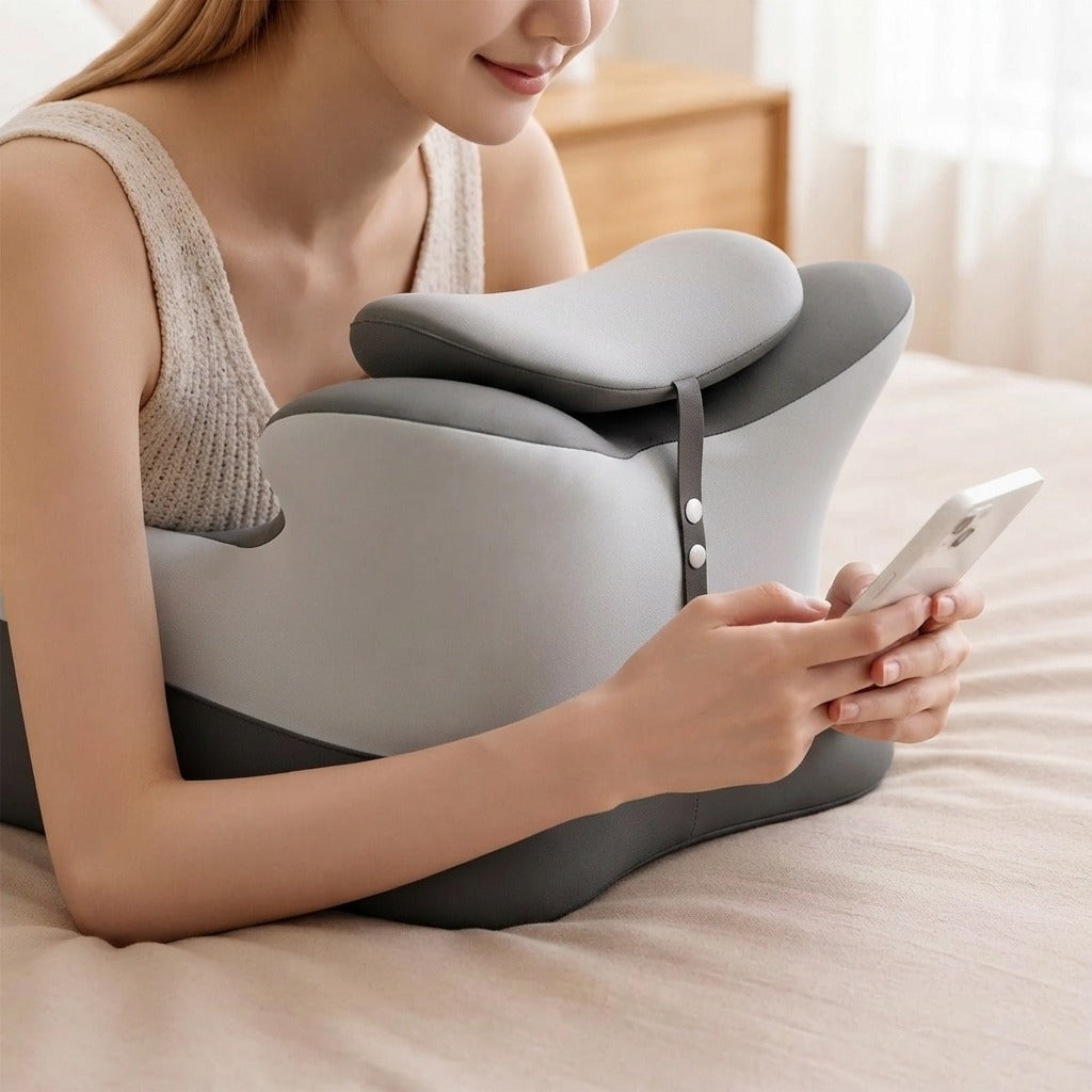 Memory Foam Prone Reading Pillow with Removable Headrest - in use