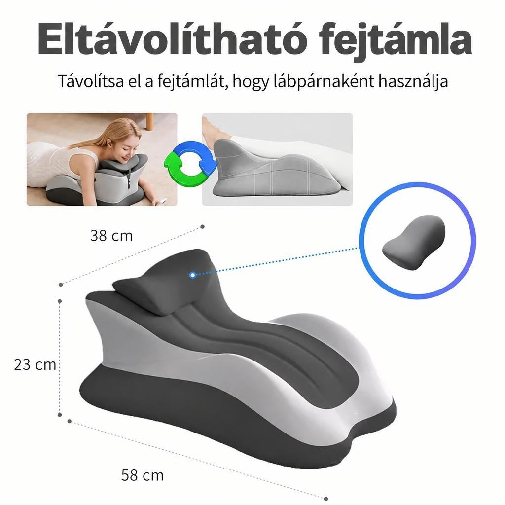 Eltávolítható fejtámlás ergonómikus párna méretekkel és bemutatott használati módokkal.