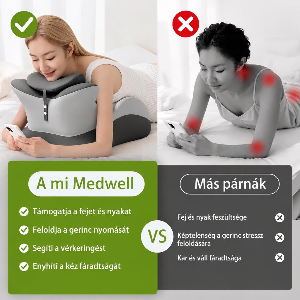 A Medwell támasztópárna és a hagyományos párnák összehasonlítása hason fekvő telefonozás közben.