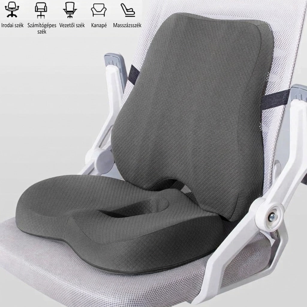Ergonomikus deréktámasz és ülőpárna szett irodai székre helyezve.
