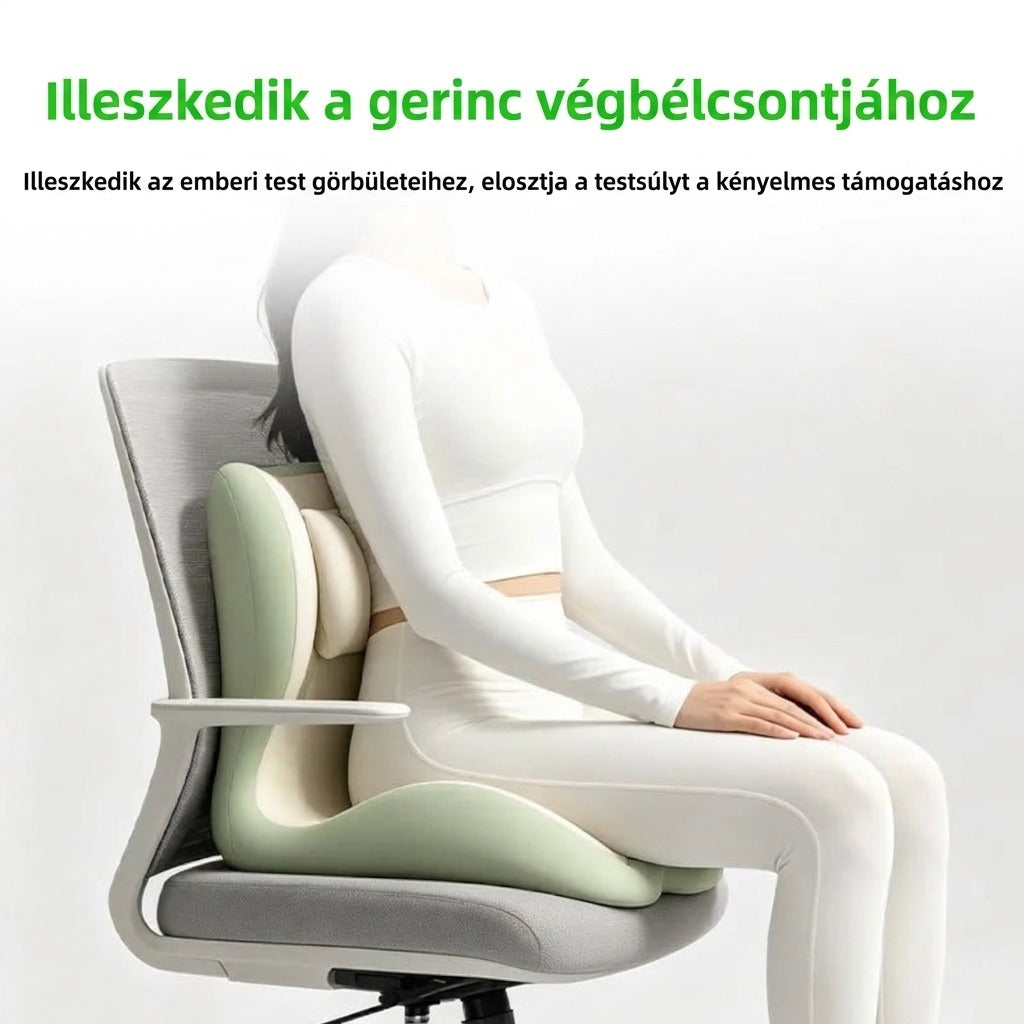 Lumbális párna anatómiai illeszkedés és testsúly elosztás szemléltetése nyíllal.
