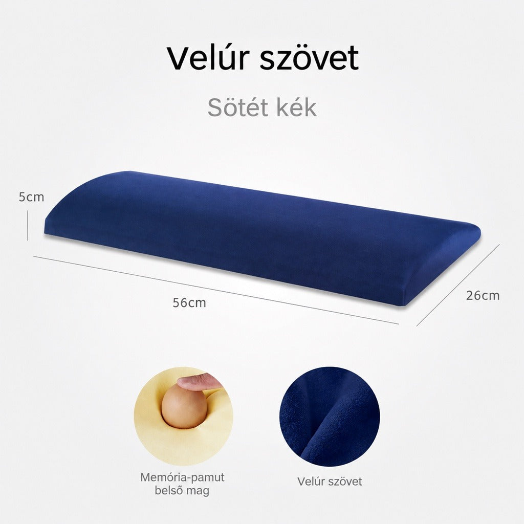 Sötétkék velúr szövet memóriahabos párna méretekkel és anyagbemutatóval.