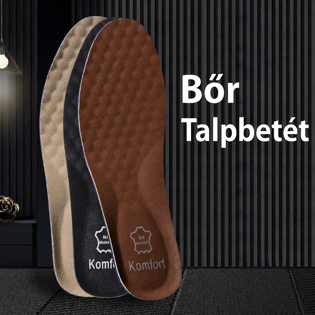 Három különböző színű kényelmes bőr talpbetét modern háttér előtt.