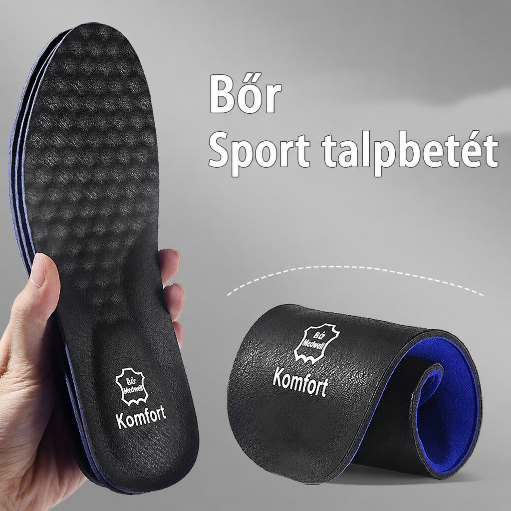 Fekete bőr sport talpbetét kézben tartva és feltekerve.
