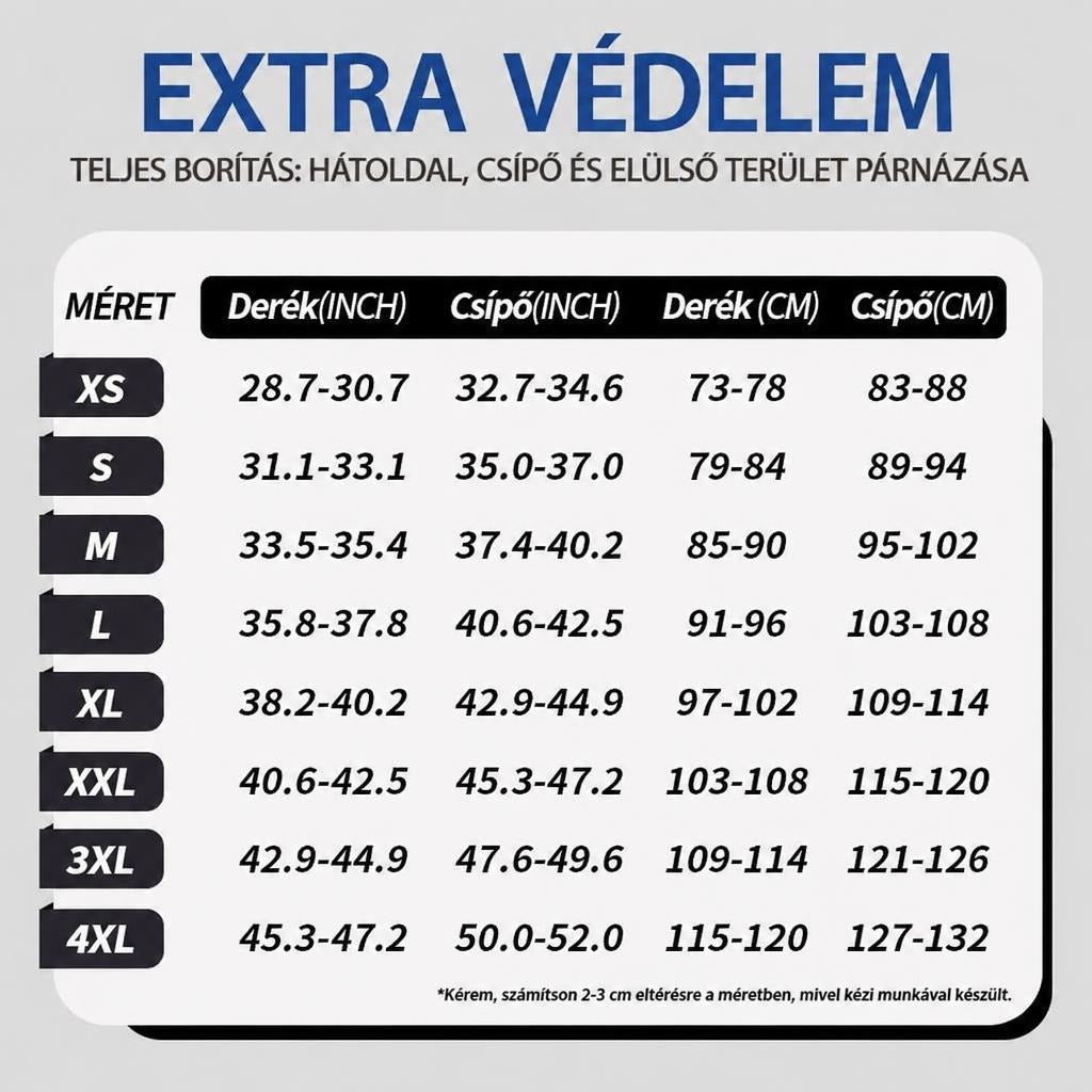 Mérettáblázat extra védelemmel ellátott nadrághoz derék- és csípőméretekkel