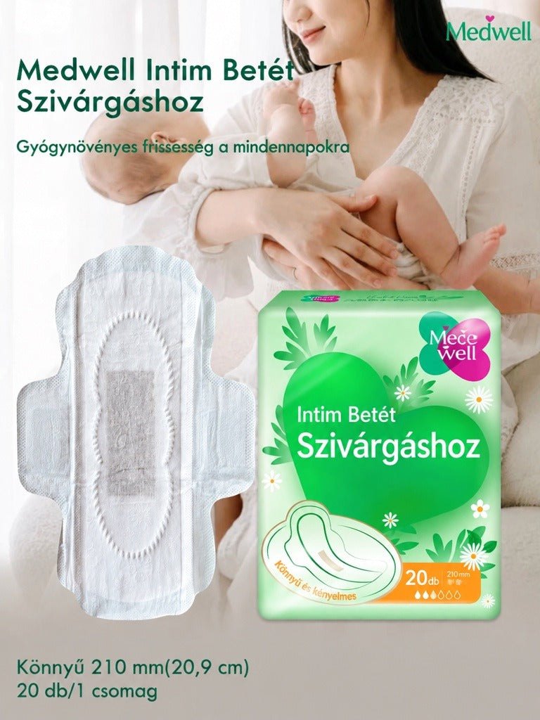 Medwell intim betét szivárgáshoz, mellette zöld csomagolása és a háttérben egy anya a kisbabájával.