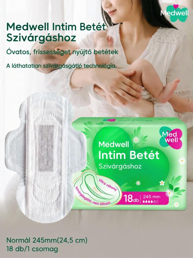 Medwell intim betét szivárgáshoz, mellette egy anya a kisbabájával.