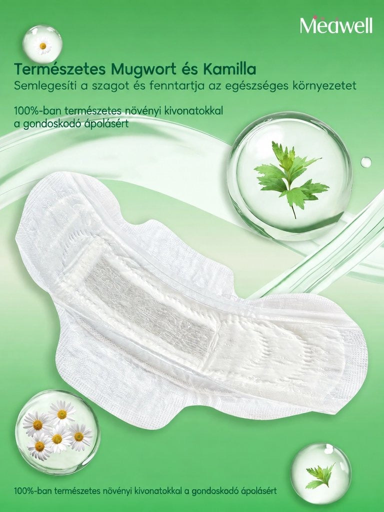 Egészségügyi betét kamillával és ürömmel zöld háttér előtt.