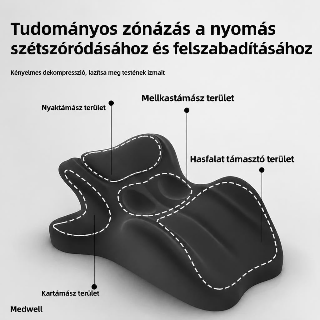 Ergonomikus fekete párna a test különböző részeit alátámasztó funkcionális zónákkal.