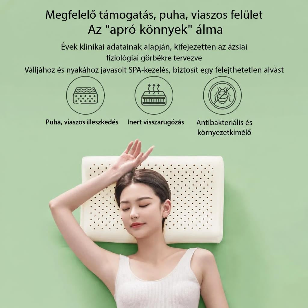 Ergonomikus párnán pihenő nő a termék előnyeit bemutató ikonokkal.