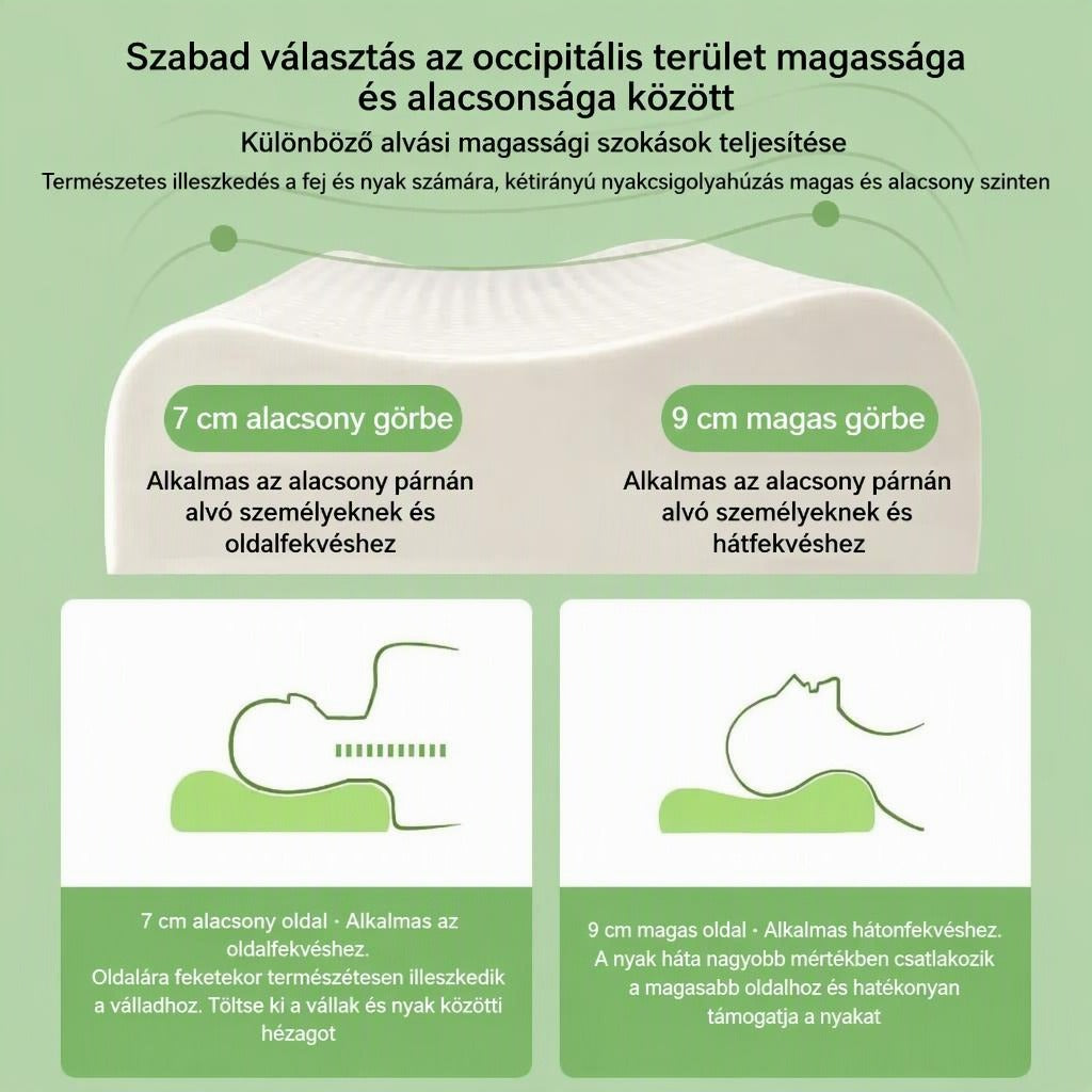 Ergonomikus anatómiai párna bemutatása 7 és 9 cm-es magassággal, oldal- és háton alváshoz.