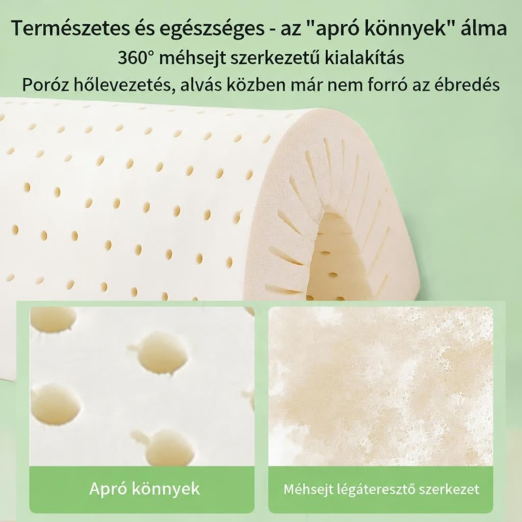 Perforált latex párna belső szerkezete és légáteresztő felülete közelről.
