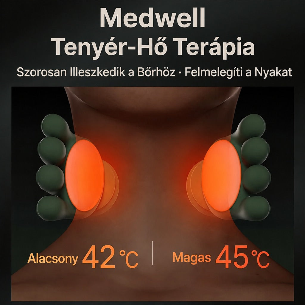 Nyakmasszírozó készülék tenyér-hő terápiával és kétféle hőmérsékleti fokozattal.
