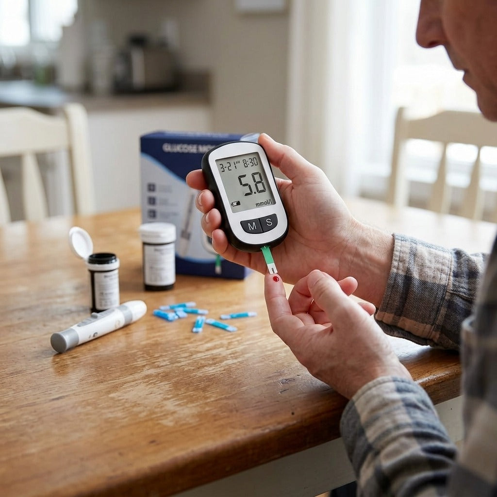 No-Coding Blood Glucose Meter Kit with Testing Supplies - in use
