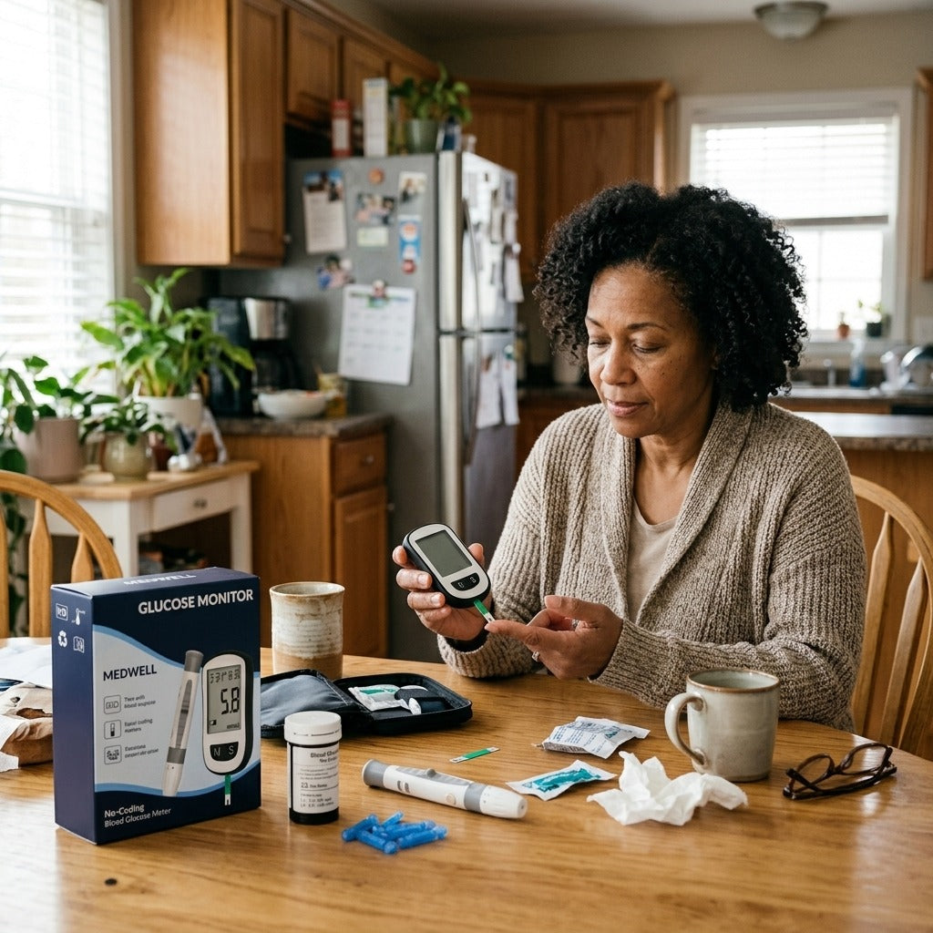 No-Coding Blood Glucose Meter Kit with Testing Supplies - at home