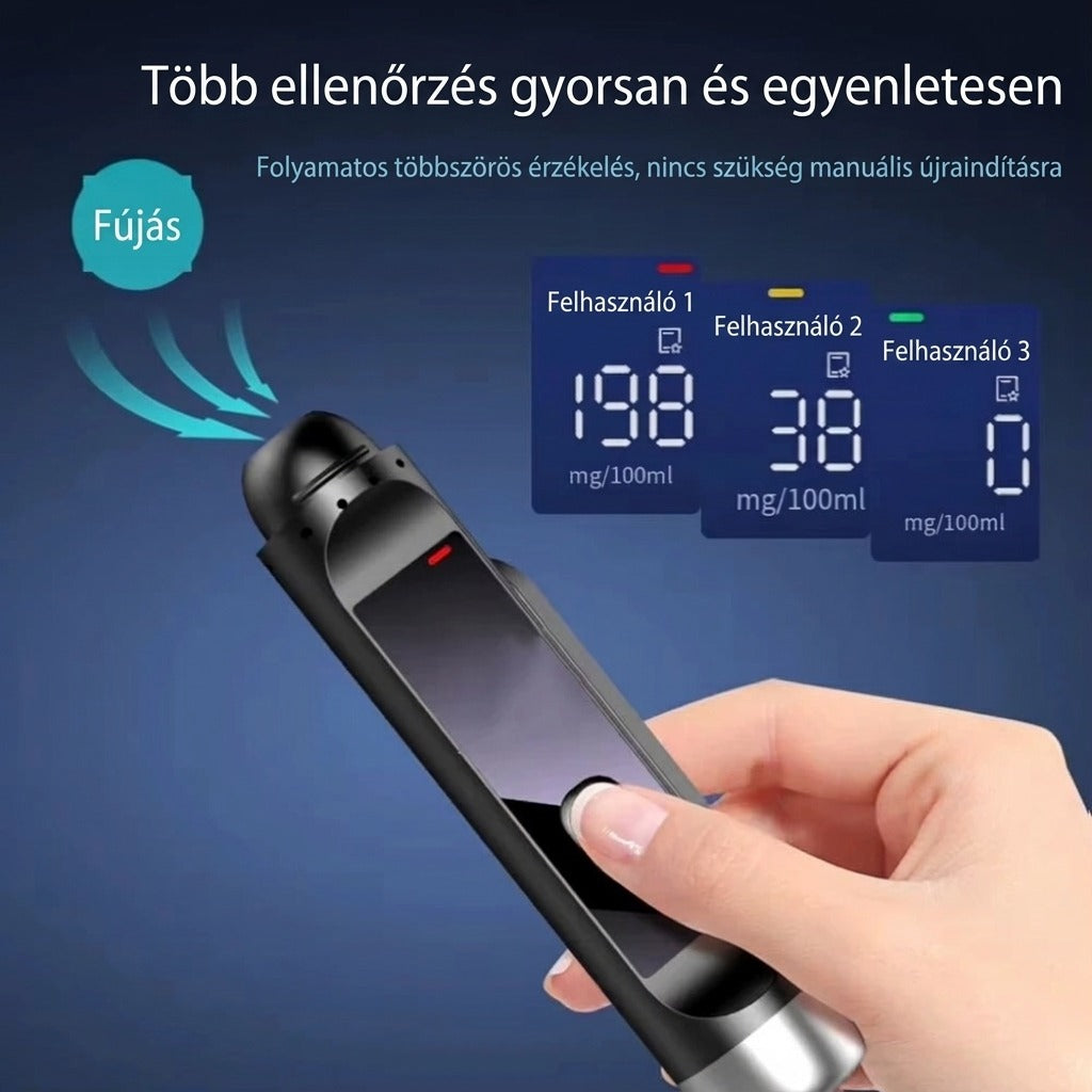 Digitális alkoholszonda több felhasználói méréssel és kijelzőkkel.