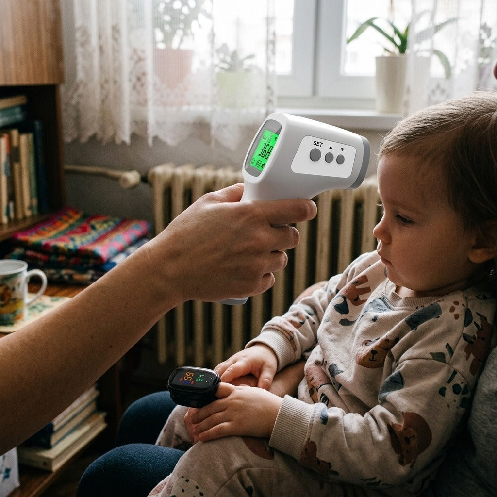 Érintésmentes fülhőmérő és ujjra csíptethető pulzoximéter csecsemőknek és felnőtteknek - használat közben